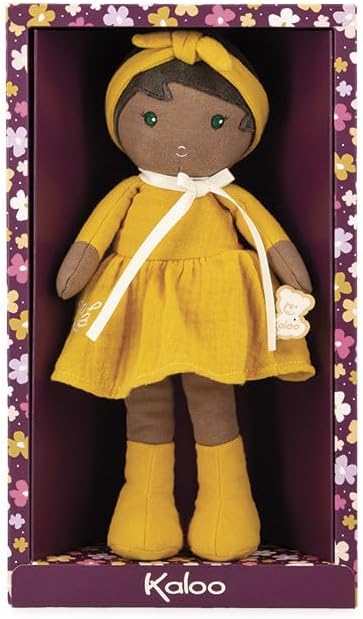 Kaloo Tendresse - My First Fabric Doll Naomie 10” Tall - Black Hair and Yellow Linen Dress - Washable