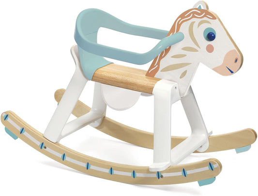 DJECO Baby Cavali Wooden Rocking Horse - Fun Ride-On w/Removable Restraining Bar