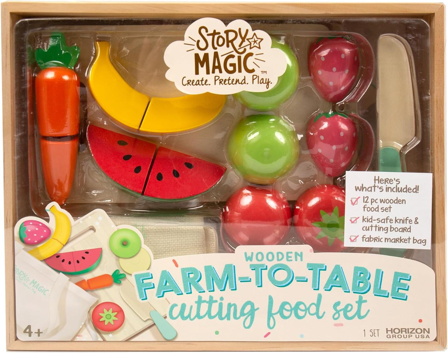 Story Magic Wooden Farm-to-Table Cutting Food Set, Wooden Play Food Toy, Kids Wood Cutting Fruits Vegetables, Toddler Cooking Pretend Play Kitchen Food Set