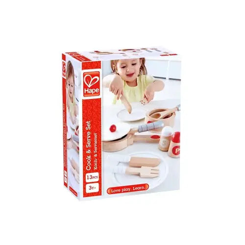 Hape Cook & Serve Set | 13 Piece Wooden Pretend Play Cooking Set with Accessories (B074PY4Y8R)