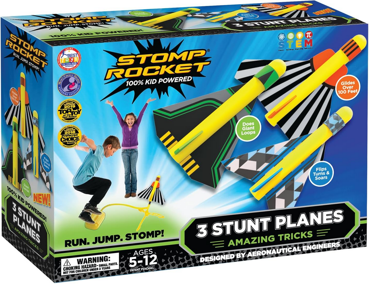 Stomp Rocket Stunt Plane Launcher Toy for Kids - 3 Foam Airplane Toy Soars Over 100 Feet - Unique Tricks & Adjustable Plane Rocket Launcher Stand